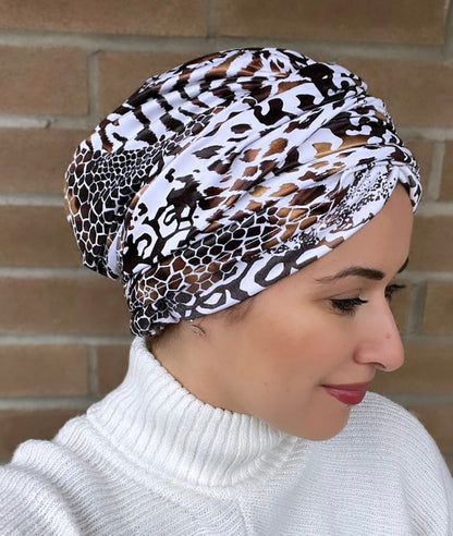 White and brown lycra cotton turban