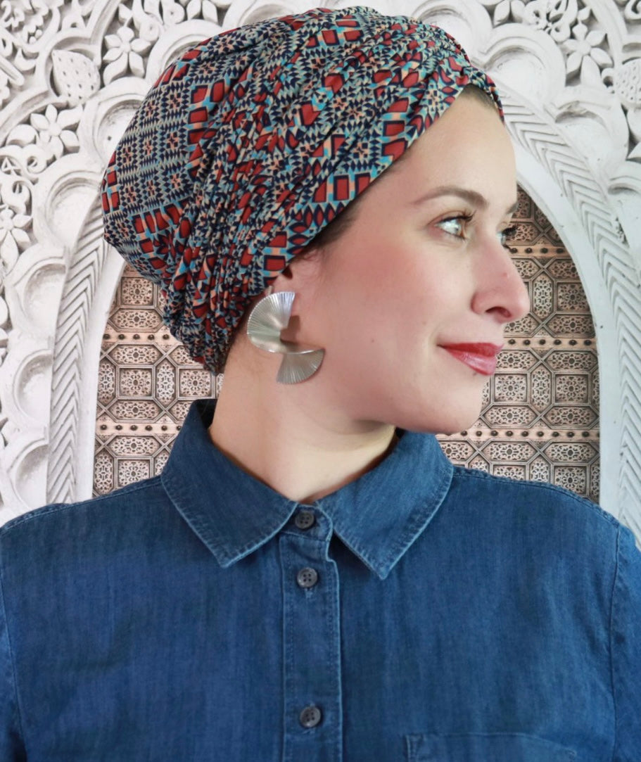 Blue and brown embroidered turban