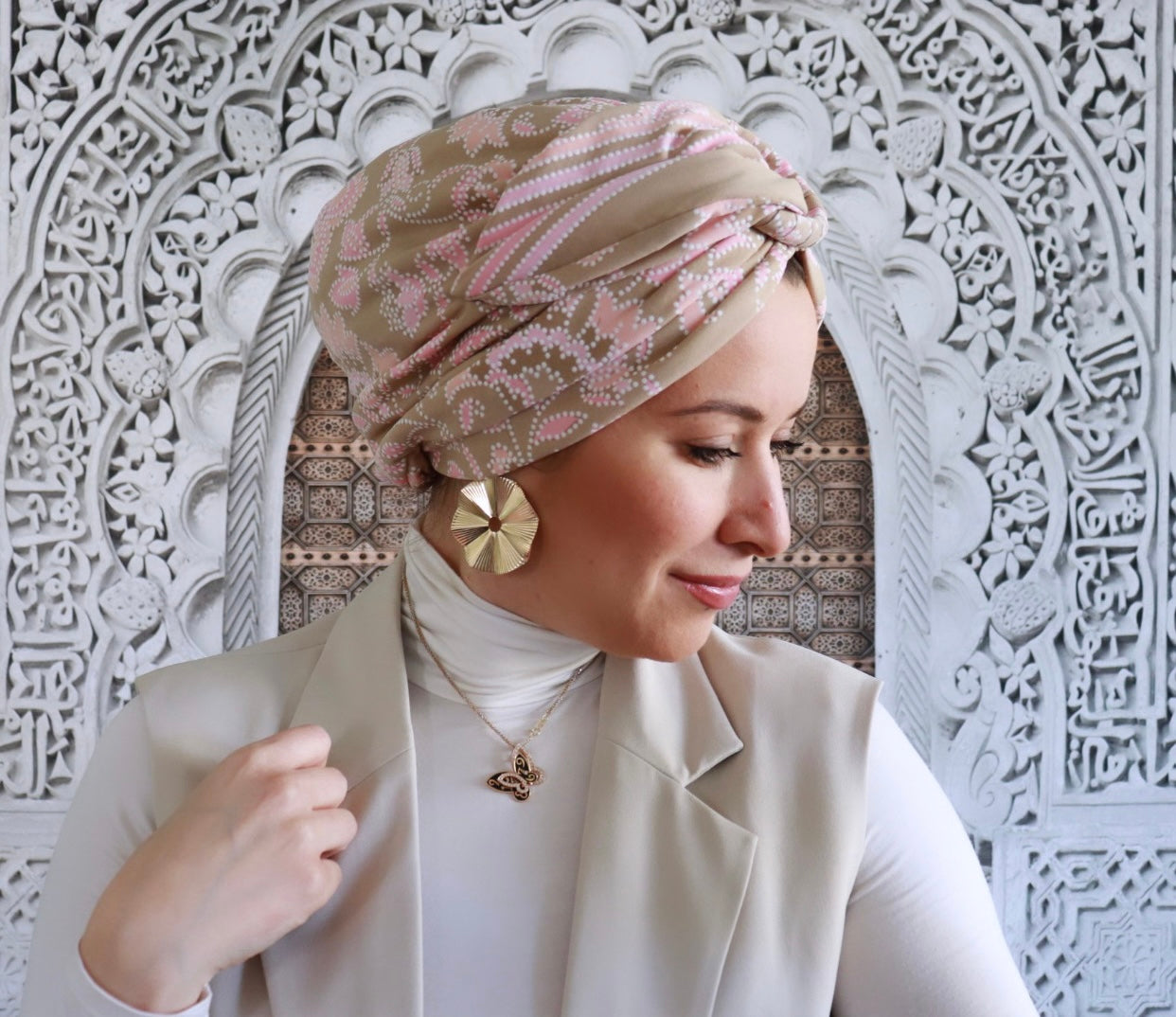 Beige with pink turban