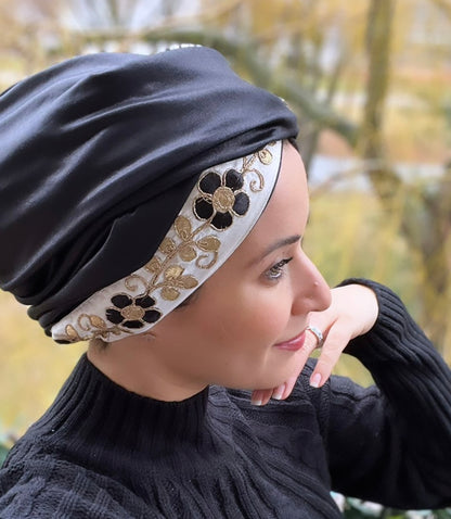 Shiny black and gold Lycra turban