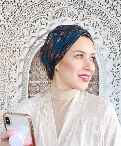 Blue and brown turban