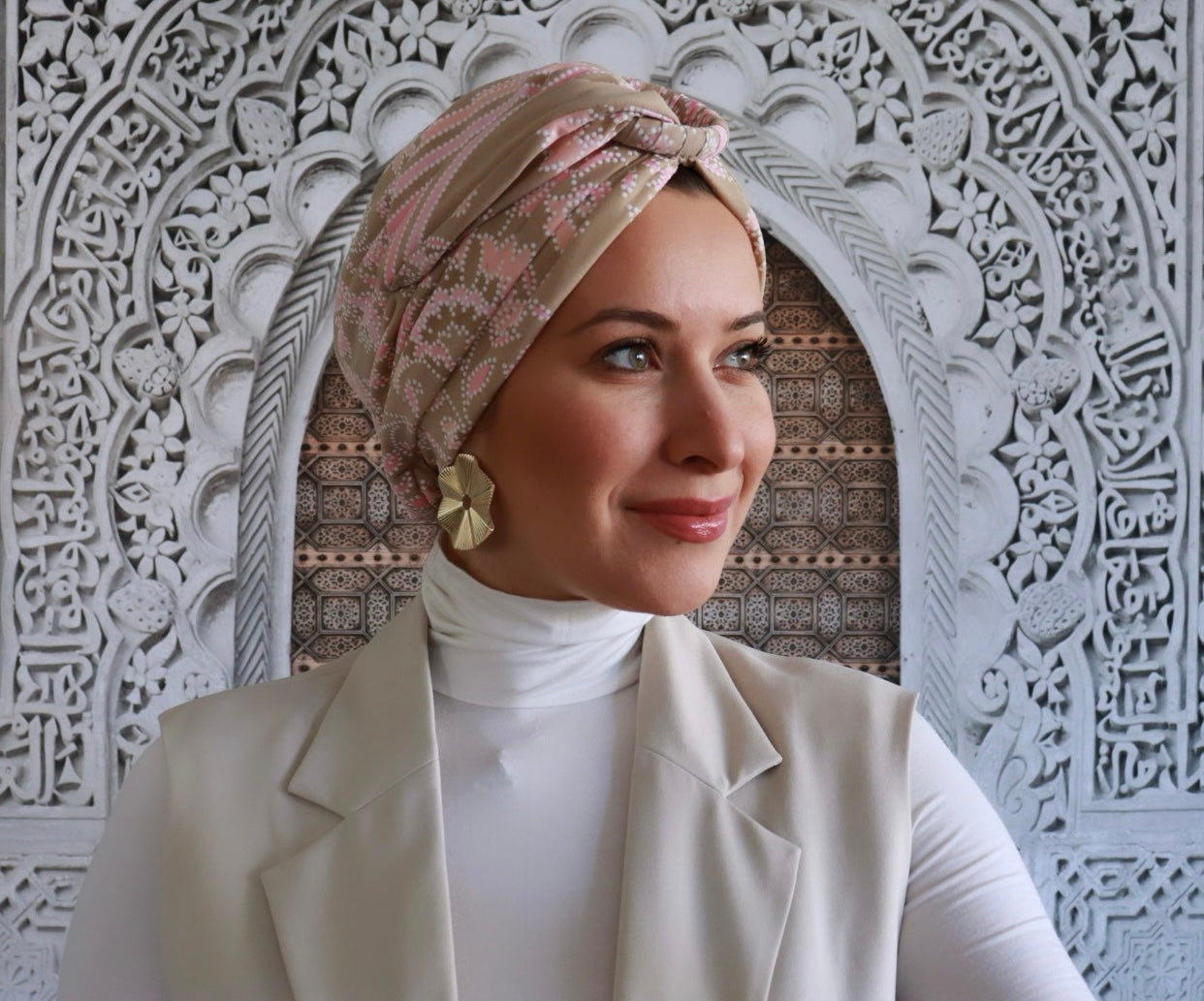 Beige with pink turban